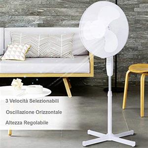 Bakaji Ventilatore Da Terra a Piantana Con 3 Velocita' 3 Pale 40 cm Ventilatore Silenzioso Oscillante Altezza Regolabile 130 cm base a croce (Bianco)