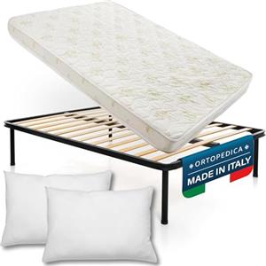 DOLCI SOGNI - Set Letto Matrimoniale 160x190 con Rete a Doghe in Legno, Materasso Alto 14 cm e Cuscino Incluso, Struttura Letto Completa, 100% Made in Italy