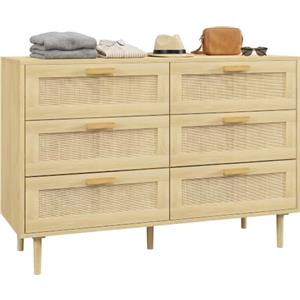 HOMCOM Cassettiera Rattan 6 Cassetti Bohemien 110x40x75 cm Color Legno | per Soggiorno, Camera da Letto Boho