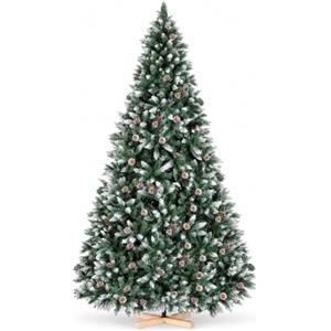 Clevich 180cm Albero di Natale Innevato, Albero di Natale Artificiale Folto, Aghi di Pino Pretrattati Realistici, con Pigne, Base di Legno, 1092 Punte, Facile Montaggio, per Casa, Ufficio e Negozio