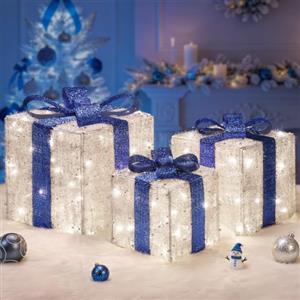 Quntis Set di 3 XL Pacchi Luminosi Natalizi con 117 LED, 8 Modalità e Timer | con Fiocchi Blu, Decorazioni Natalizie con Luci Bianche Calde, Impermeabili IP44, Addobbi Natalizi per Interno ed Esterno
