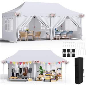LIFERUN Gazebo pieghevole 3 x 6 m, impermeabile, gazebo da giardino bianco | 290 - 300 - 310cm di altezza Protezione UV 50+ con 4 pareti laterali, 12 ganci di terra, 6 corde e 6 sacchi di sabbia, gazebo