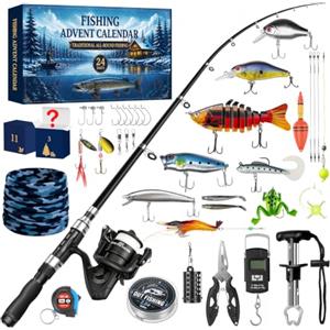 Viosmut Calendario Avvento Pesca 2026 Uomo Ragazzo Adolescenti, 24 Giorni Calendario dell'Avvento Pescatore con Canna Mulinello Esche, Kit da Pesca Regalo di Natale per Nonno Padre Figlio Amico