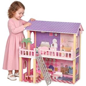 AIYAPLAY Casa delle Bambole in Legno per Bambini con 11 Mobili e 2 Bambole | 2 Piani, 5 Stanze, Camere, Cucina, Soggiorno, Bagno, Balcone, Giocattolo Educativo, Regalo per Bambini Ragazze 3-6 Anni, Rosa