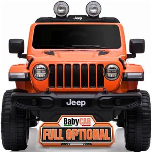 BabyCar Jeep Elettrica Per Bambini | Auto con Sedili in Pelle, Porte Apribili, MP3/USB/Micro SD | Macchina Elettrica per Bambini 12V con 2 Motori 35W | Licenza Ufficiale Jeep | Arancio