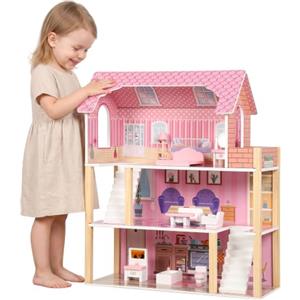 AIYAPLAY Casa delle Bambole in Legno per Bambini, 3 Piani, 10 Mobili, Rosa | 6 Stanze, Camere, Cucina, Soggiorno, Bagno, Balcone, Casetta Bambole, Gioco di Ruolo, Regalo per Bambini Ragazze 3-6 Anni