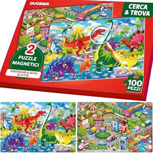 QUOKKA Puzzle Magnetici per Bambini 4-6 Anni - Libro Puzzle 100 Pezzi per 3-5 Anni - 2 Puzzle e 2 Mappe Trova le Differenze - Giochi da Viaggio Cerca e Trova - Libro Attività Dinosauri e Auto in Città