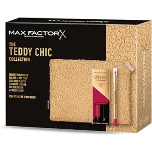 Max Factor, Cofanetto Regalo Donna Teddy Chic, Pochette in morbido tessuto teddy con Rossetto Lipfinity 335 Just In Love + Colour Elixir Matita Labbra 45 Rosy Berry