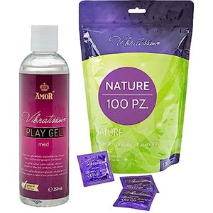 VIBRATISSIMO Preservativi Nature 100 Pezzi & Lubrificante | Extra Umidi | Sottile Spessore & Colori Naturali | Condoms Ultra-Sottili & Trasparenti | Protezione per Uomini | L=53 mm
