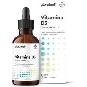 Gloryfeel Vitamina D3 1000 UI per Goccia, 50ml (1700 Gocce), Eletto PRODOTTO DELL'ANNO 2025, Supporta Ossa, Denti e Sistema Immunitario, Vitamina D Colecalciferolo, in Olio MCD ad Alta Stabilità