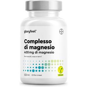 Gloryfeel Magnesio Completo 400 mg - 365 Capsule - Premium 5 in 1: Bisglicinato, Citrato, Ossido, Malato e Ascorbato - Magnesio Elementare, Bioattivo e Altamente Dosato - Testato in Laboratorio e Senza Additivi