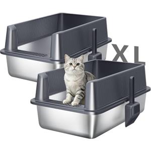 Fobyfurny Set di 2 Lettiera Gatto Acciaio Inox, XL, Grigio Scuro | Lettiera Gatto Grande, 58 x 37 x 26 cm, con Bordo Alto e Paletta per Lettiera, Facile da Pulire, FPLB210SG2