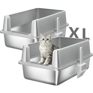 Fobyfurny Set di 2 Lettiere Gatto Acciaio Inox, XL, Grigio Chiaro | Lettiera Gatto Grande, 58 x 37 x 26 cm, con Bordo Alto e Paletta per Lettiera, Facile da Pulire, FPLB210SG1