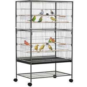 PawHut Gabbia per Uccelli da Interni con 4 Ruote 78x52x132cm Grigio Scuro | Acciaio e Legno, Vassoio Estraibile, Trespolo, Contenitore per Alimenti