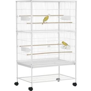 PawHut Gabbia per Uccelli da Interni con 4 Ruote 78x52x132cm Bianco | Acciaio e Legno, Vassoio Estraibile, Trespolo, Contenitore per Alimenti