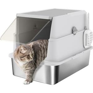 PawHut Lettiera per Gatti XL in Acciaio Inox con Coperchio Grigio Chiaro | Lettiera Chiusa, per Gatti Grandi, con Paletta, Coperchio Ribaltabile, Deodorante