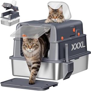 Fobyfurny Lettiera Gatto Acciaio Inox XXXL, 70 x 50 x 42 cm, Grigio Scuro | Lettiera Gatto Chiusa con Coperchio, 105° coperchio incernierato, Pedale e Paletta, Design Modulare, Due Porte FPLB206SG2