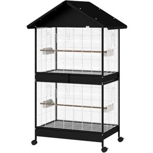PawHut Grande Gabbia Voliera per Uccelli 2 in 1 con Ruote 94x70x158cm Nero | Vassoio Estraibile, per Pappagalli Canarini Calopsite, in Acciaio, Posatoi in Legno, Tetto, Interno Esterno