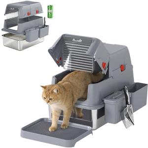 PawHut 3 in 1 Lettiera Gatto Chiusa Grande 49L con Coperchio, Acciaio Inox | Toilette per Gatti con Paletta, Pedana, 2 Contenitori, Pareti Alte, Antiodore, Facile da Pulire, Sacchetto Rifiuti, Grigio