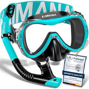 KAIMANA® SeaExplorer Set Maschera Boccaglio Bambini & Borsa - Kit Snorkeling Bambini 3-10 Anni - Maschera con Boccaglio Bambino, Cinturino Tessuto o Silicone - Mare e Piscina