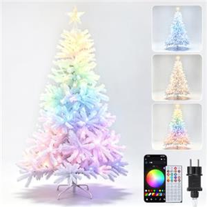Aigostar Albero di Natale Bianco 180cm con Luci a Stringa Anello Smart | con LED Stella in cima all'albero, 266LEDs, Controllo Segmenti DIY Colore, Music Sync, 78 Effetti Dinamici, IP44