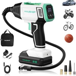 HAUSHOF Compressore Aria Portatile, Mini Compressore a Batteria con 2000 mAh, 4 Modi Intelligenti + Manuale, Display Digitale e Spegnimento Automatico per Pneumatici Auto, Moto, Bici e Palloni