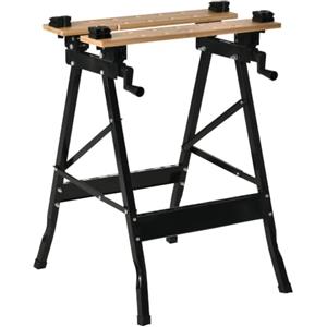 HOMCOM Banco da Lavoro Pieghevole 4 Morse Portata 150 kg Nero e Legno | Riga e Goniometro, Tavolo da Lavoro Regolabile e Portatile, per Casa e Fai da Te