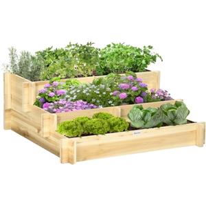Outsunny Letto per Orto Rialzato a 3 Livelli 93x93x35 cm color Legno | in Legno di Abete, Fioriera da Giardino, per Verdure, Fiori e Piante, da Esterno