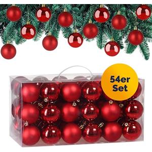 DEUBA® Set Palline di Natale 54pz Ø 6cm in Plastica Decorazione Albero Addobbi Natalizi Feste Inverno Interno Esterno Rosso