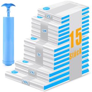 KUOGAS 15 Pezzi Sacchetti Sottovuoto per Vestiti e Casa - Sacchetti Sottovuoto Vestiti e Buste Sottovuoto - Per Piumoni, Viaggio, Cuscini, Coperte e Lenzuola (5 Taglie Incluse) con Pompa a Mano