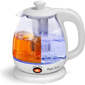 Taylor Swoden Bollitore in vetro da 1 litro, 2200 W, bollitore elettrico con illuminazione a LED, senza BPA, funzione di mantenimento in caldo, con infusore e filtro rimovibile, bianco