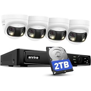 ANNKE Kit di videosorveglianza PoE 4K, doppio obiettivo, disco rigido 2 TB | Vista panoramica a 180°, NVR H.265+ 12 MP/8 canali, IA persone/veicoli, audio bidirezionale, allarme acustico e luminoso