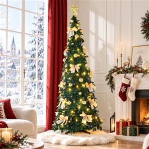 LIFERUN Albero di Natale Pop Up 210cm,con 150PCS Luci LED,Stella sulla Cima | Albero di Natale Artificiale Pieghevole, Calde Integrate, con Fiocco, Palline di Natale, Decorazioni Natalizie Eleganti