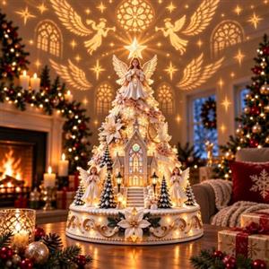 Generic Decorazione da Tavolo Albero Villaggio Natale con Proiettore e LED | Proiettore Integrato,Batteria Inclusa, LED Caldo, Treno Rotante, Plastica, 25X20Cm