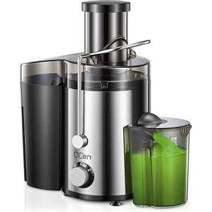 QCen Centrifuga Frutta e Verdura, Spremiagrumi di riempimento da 3 pollici, facile da pulire, in acciaio inox, senza BPA, ideale per frutta e verdura (Argento, 800W)