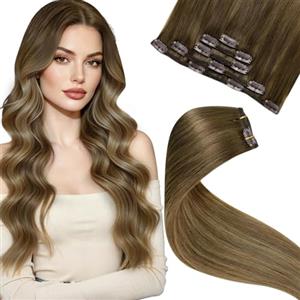 LaaVoo Extension Capelli Veri Clip, Balayage Marrone a Biondo Scuro, Remy Umani Naturali, Leggeri e Invisibili, per Uso Quotidiano, 30cm 80g 5pcs Colore 6-8-14