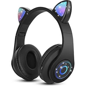 Sendowtek Cuffie Bluetooth per Bambini,Orecchie Gatto, LED, Wireless, Nero | Over Ear, Con Luci Lampeggianti Microfono Incorporato, Pieghevoli, Cuffie Wireless Carine per Bambini Adulti Scuola Tablet