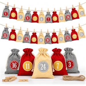 TK Gruppe Timo Klingler Calendario dell'Avvento 2026, set di 24 sacchetti natalizi, per fai da te e da riempire, con 24 adesivi numerici e mollette, modello 2