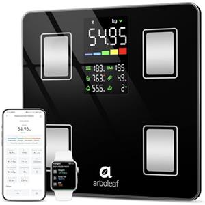 arboleaf Bilancia Pesapersone Digitale, Bluetooth e APP, Capacità 180 kg | Bilancia Intelligente con Analisi Corporea per BMI, Massa Magra e Grassa, 14 Metriche, BIA a 4 Elettrodi, Ampio Display LED