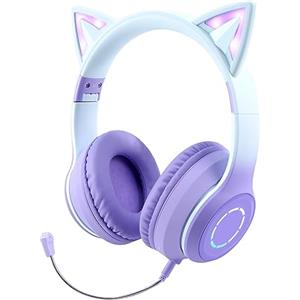 Sendowtek Cuffie Bluetooth per Bambini,Orecchie Gatto, LED, Wireless, Viola | Sopra l'orecchio, Con Luci Lampeggianti Microfono Staccabile, Cuffie Senza fili Carine per Bambini Adulti Scuola Tablet
