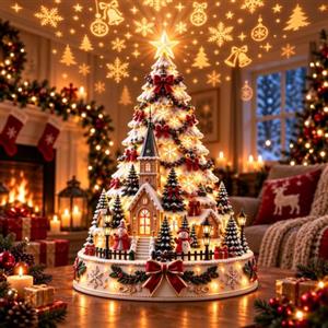 Generic Decorazione da Tavolo Albero Villaggio Natale con Proiettore e LED | Proiettore Integrato,Batteria Inclusa, LED Caldo, Treno Rotante, Plastica, 25X20Cm