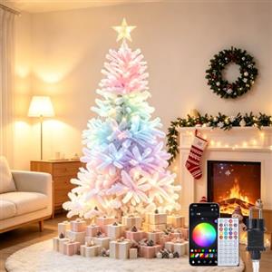 Aigostar Albero di Natale Bianco 180 cm con Luci a Stringa Anello Smart | con LED Stella in cima all'albero, 266LEDs, Controllo Segmenti DIY Colore, Music Sync, 78 Effetti Dinamici, IP44