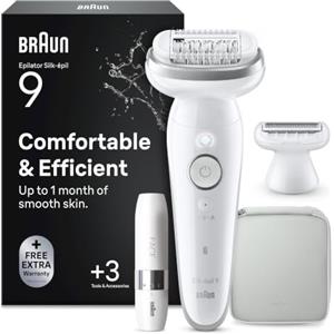 Braun Silk-épil 9 Depilatore Donna, Epilatore Elettrico Donna con Testina Flessibile per una Epilazione Semplice, Wet & Dry, Pelle Liscia a Lungo, con Testina per Rasoio Donna e Cappuccio Rifinitore