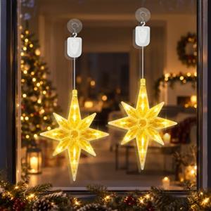 Cirimiriu Luci di Natale a Stella di Betlemme per Finestra, 2 Pezzi con Ventosa e Timer, 8 Modalità LED Bianco Caldo, Decorazioni Natalizie a Batteria Ricaricabile