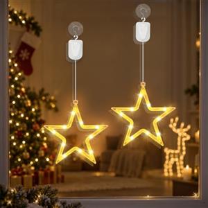 Cirimiriu Luci di Natale a Stella 5 Punte per Finestra, 2 Pezzi con Ventosa e Timer, 8 Modalità LED Bianco Caldo, Decorazioni Natalizie a Batteria Ricaricabile per Vetri e Camere
