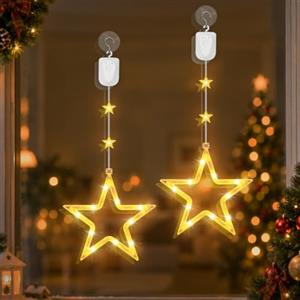 Cirimiriu Luci di Natale a Stella 5 Punte Grandi e Piccole per Finestra, 2 Pezzi con Ventosa e Timer, 8 Modalità LED Bianco Caldo, Decorazioni Natalizie Ricaricabili