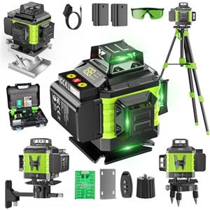Pdgrid Livella Laser Autolivellante 4D 16 Linee 4 x 360° Verde con Treppiede, Laser Professionale per Cantiere, Supporto Rotante, 2 Batterie 2400 mAh, Modalità Impulso Esterno, Telecomando, IP54