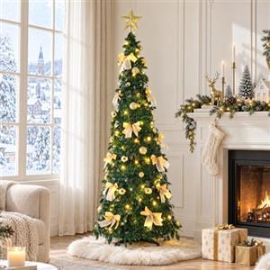 LIFERUN Albero di Natale Pop Up 180cm,con 120PCS Luci LED,Stella sulla Cima | Albero di Natale Artificiale Pieghevole, Calde Integrate, con Fiocco, Palline di Natale, Decorazioni Natalizie Eleganti